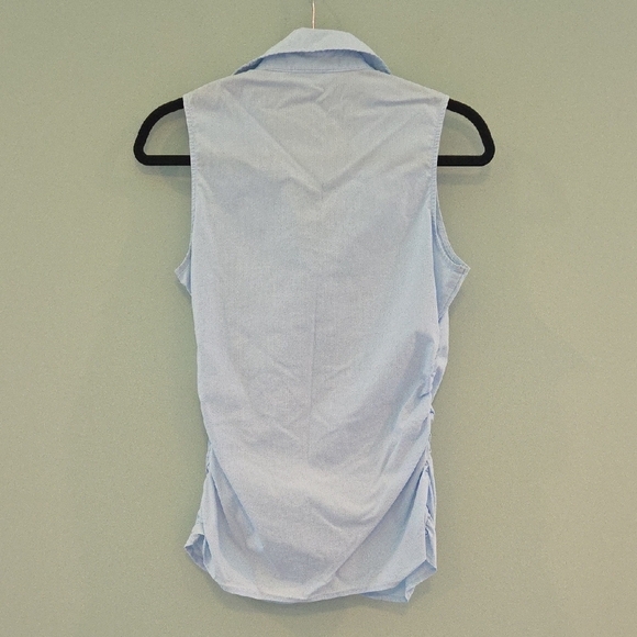 New York & Company Stretch Light Blue Ruched Ruffled Blouse Size Small - Picture 6 of 10